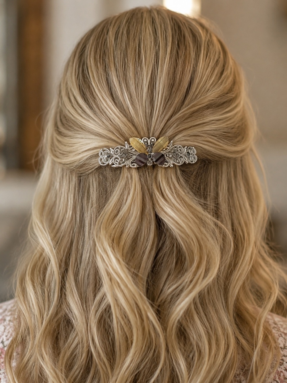 GOLD AND BLACK GLASS BUTTERFLY & RHINESTONES 3.5” SILVER-TONE HAIR BARRETTE